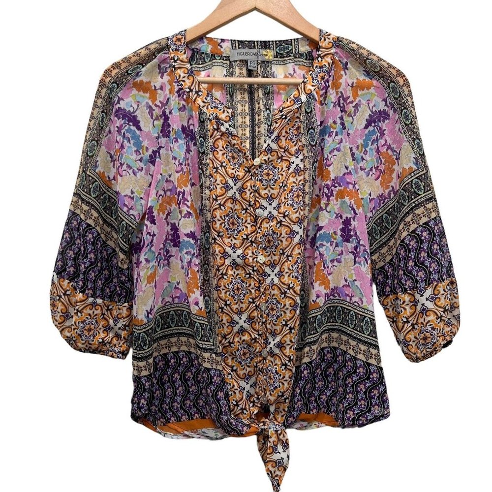 Anthropologie Figueroa & Flower Tunic Front Tie Blouse Sz Petite Small PS